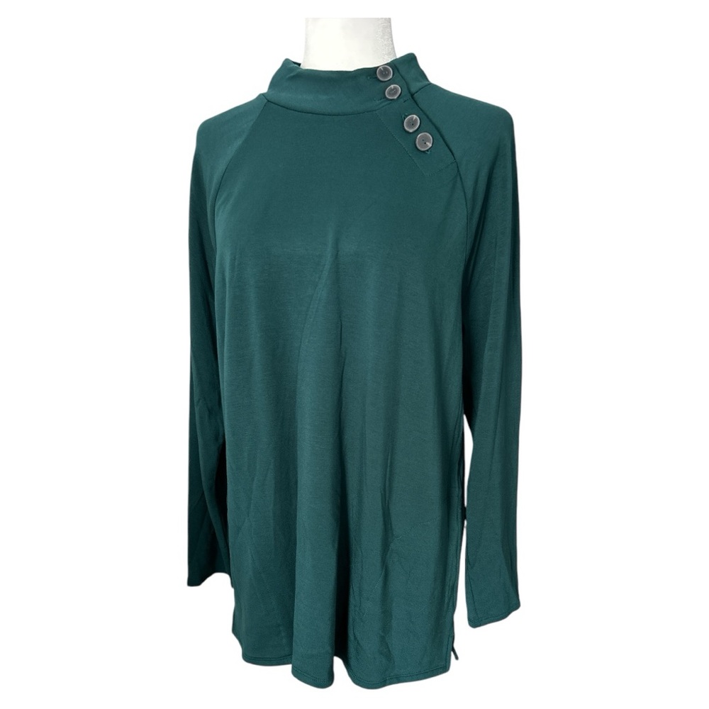 CHICO’S Women Knit Top Tunic Side Pockets Turtleneck Long Sleeve Green  Large 2